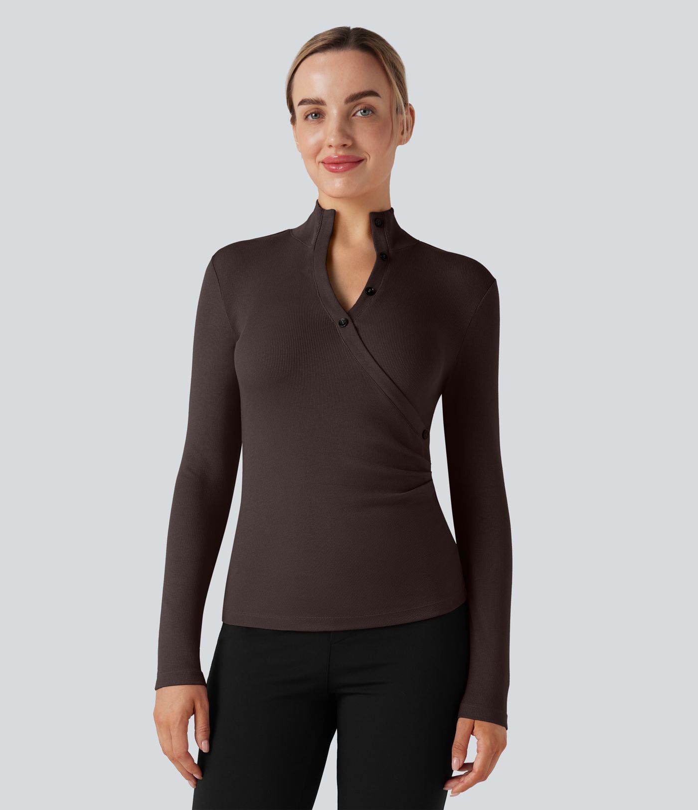 T-shirt tailleur côtelé col montant manches longues