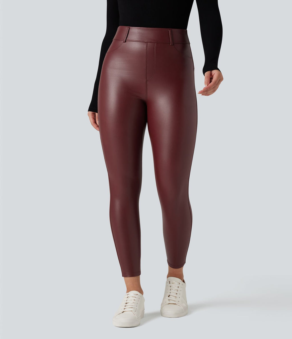 Pantalon polaire simili cuir extensible taille haute avec poches