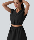 Robe col V manches courtes à découpes en popeline extensible avec poches