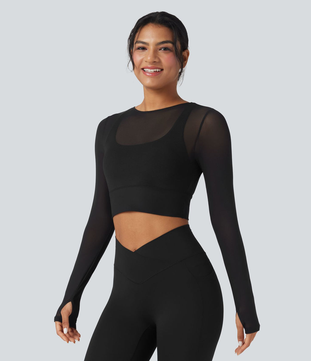 Haut de sport yoga cropped 2-en-1 manches longues mesh contrastant à trous pouces