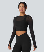 Haut de sport yoga cropped 2-en-1 manches longues mesh contrastant à trous pouces