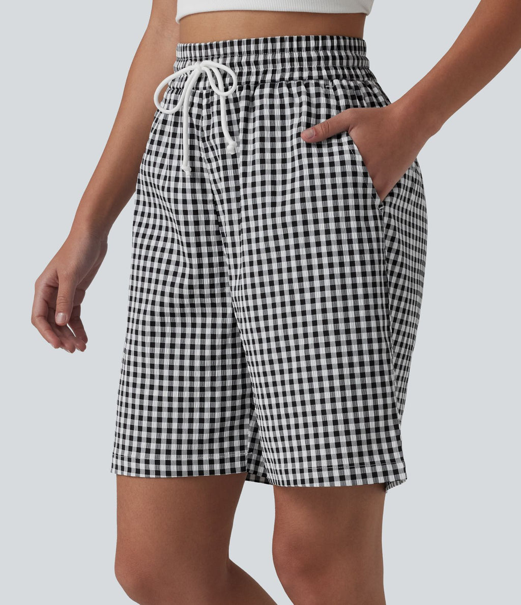 Short ample taille haute à carreaux vichy avec cordon de serrage et poches