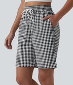 Short ample taille haute à carreaux vichy avec cordon de serrage et poches
