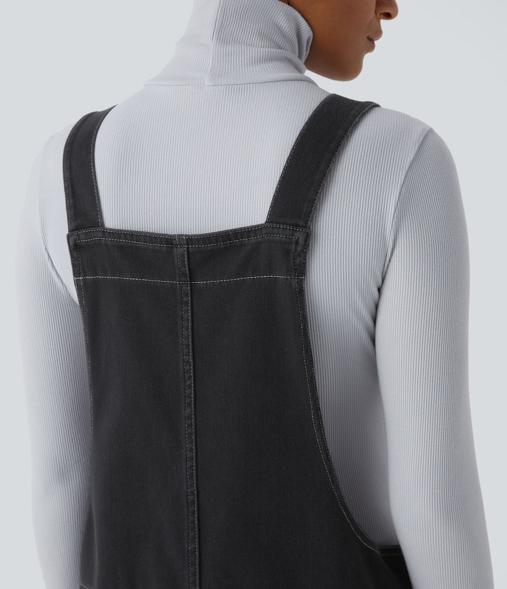 Salopette décontractée Halara Flex™ en denim extensible délavé, col V et poches latérales