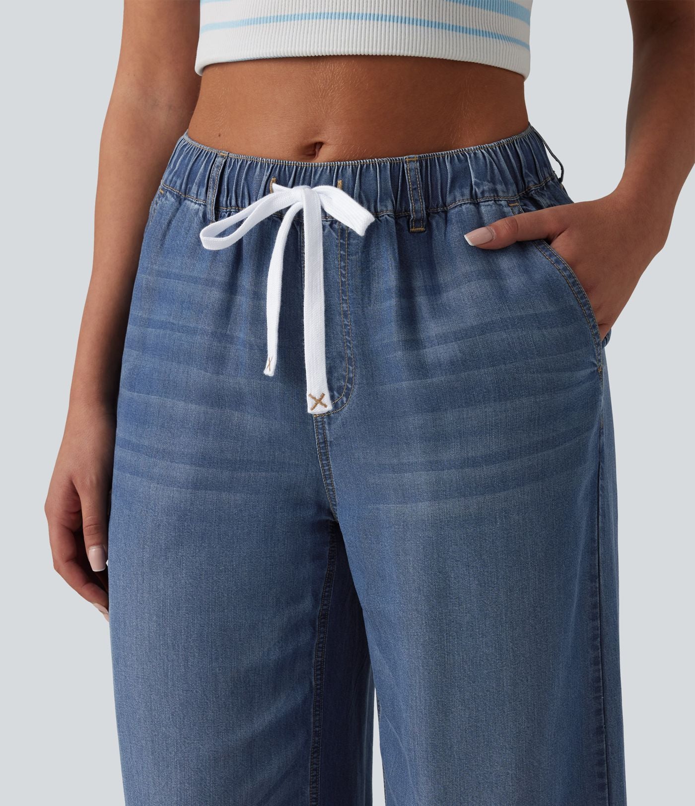 Jean décontracté taille mi-haute en lyocell drapé avec cordon de serrage et poches