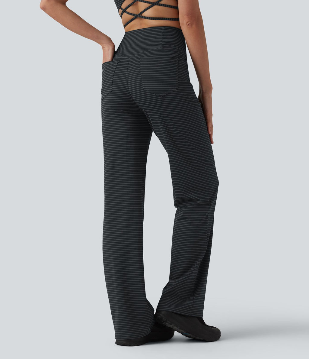 Pantalon de yoga droit taille haute croisée ventre plat à rayures avec poches