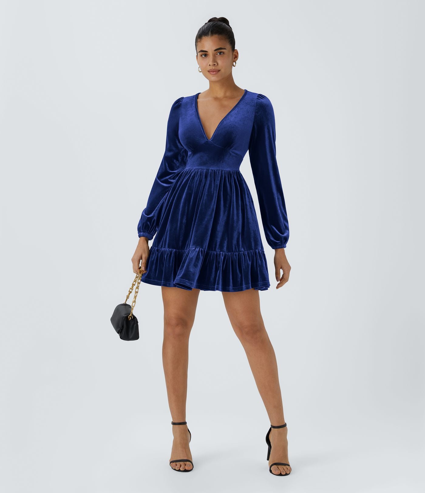 Quotidien Robe de Soirée Mini en Velours à Encolure en V Profond et Ourlet Volanté