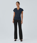 Blouse Travail Unie Froncée Croisée Manches Courtes Col en V
