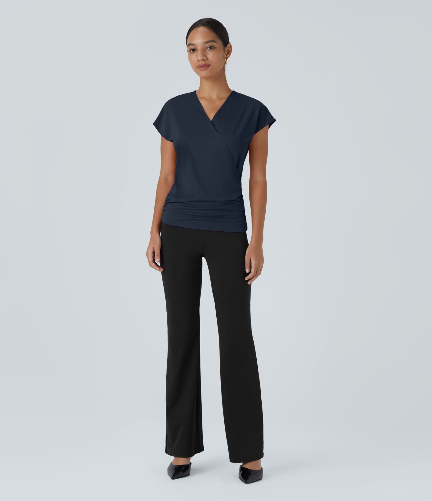Blouse Travail Unie Froncée Croisée Manches Courtes Col en V