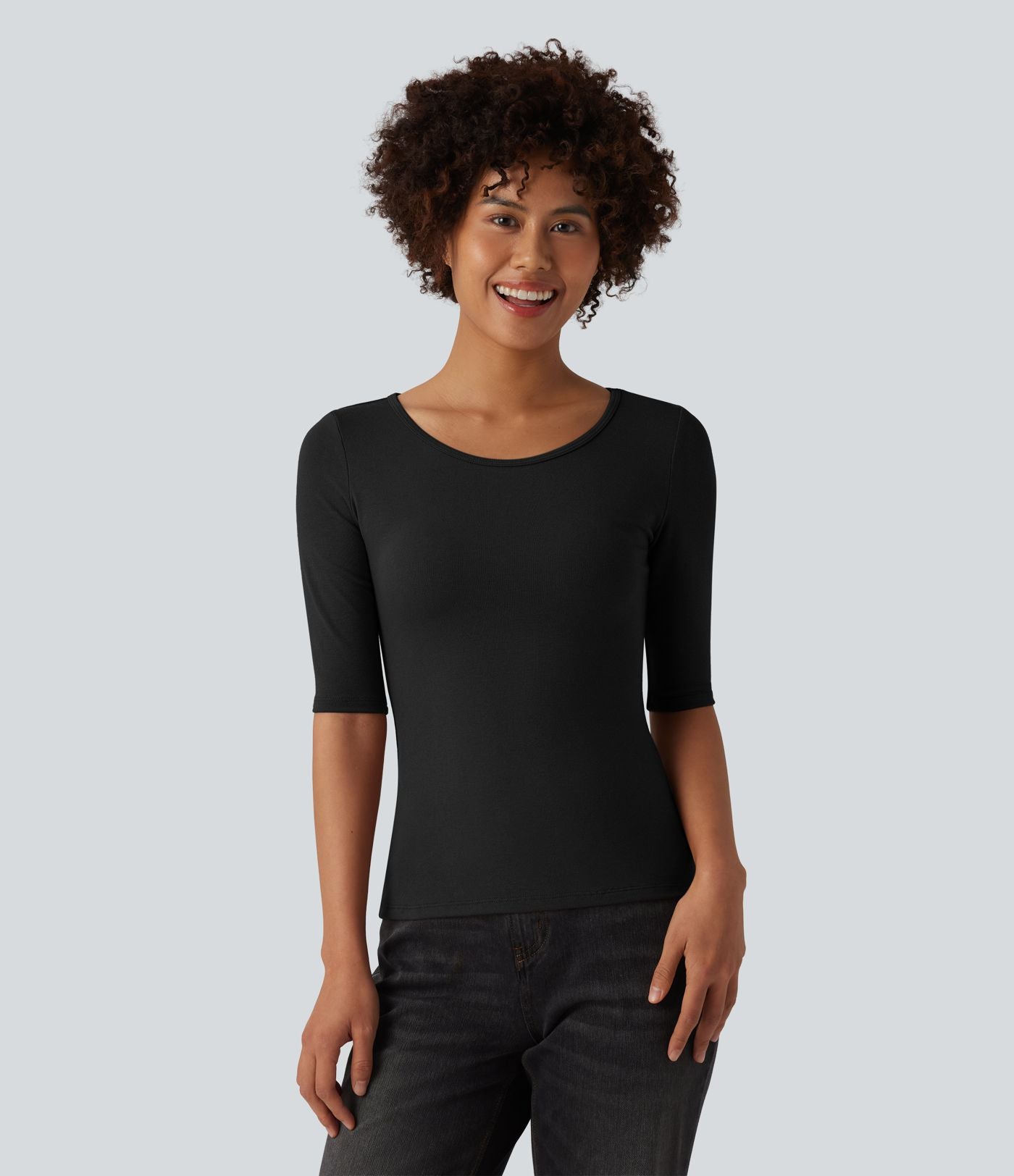 T-shirt casual col rond échancré manches trois-quarts en maille côtelée