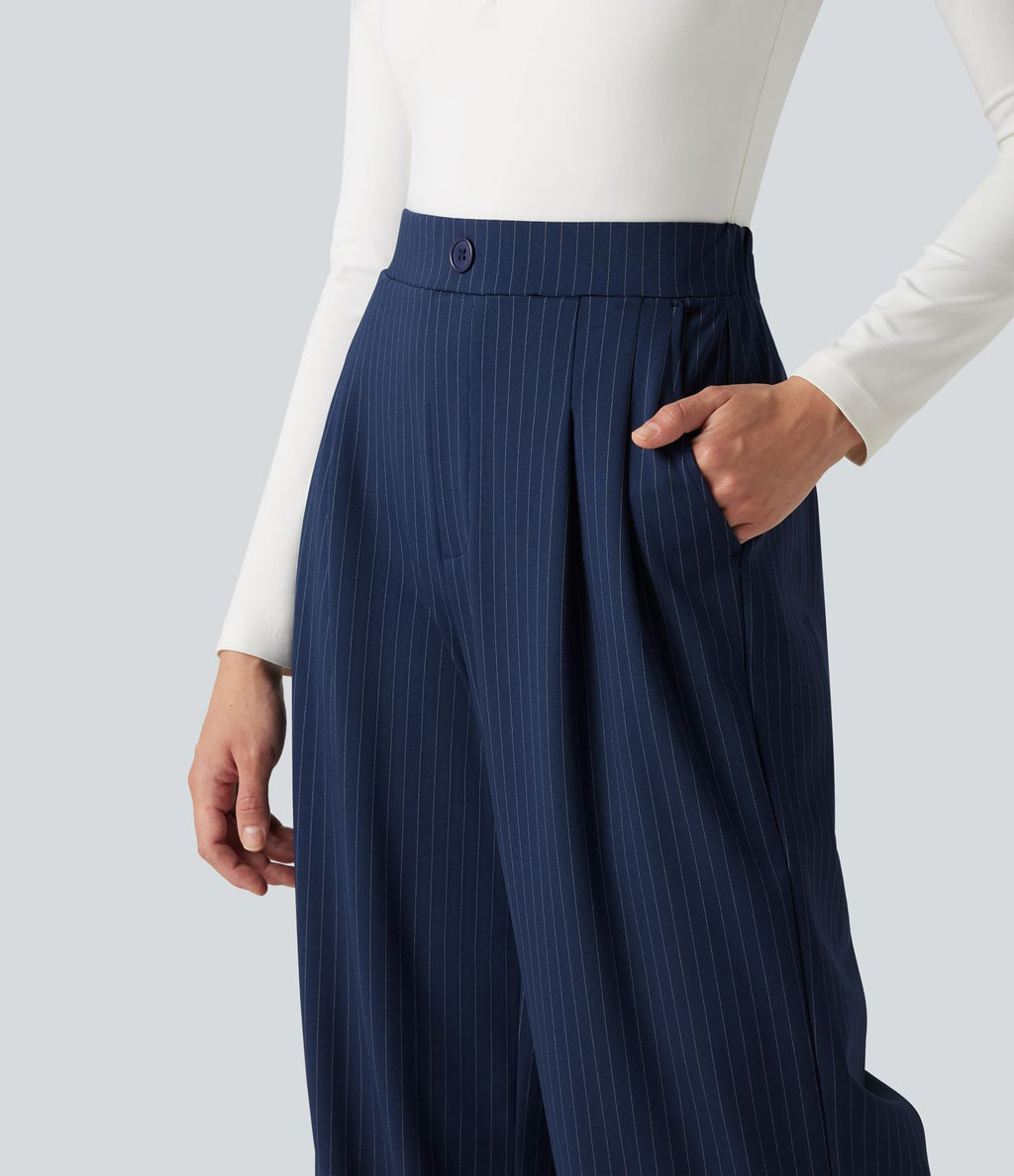 Pantalon tailleur large taille haute à rayures avec boutons décoratifs et poches