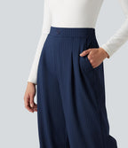 Pantalon tailleur large taille haute à rayures avec boutons décoratifs et poches