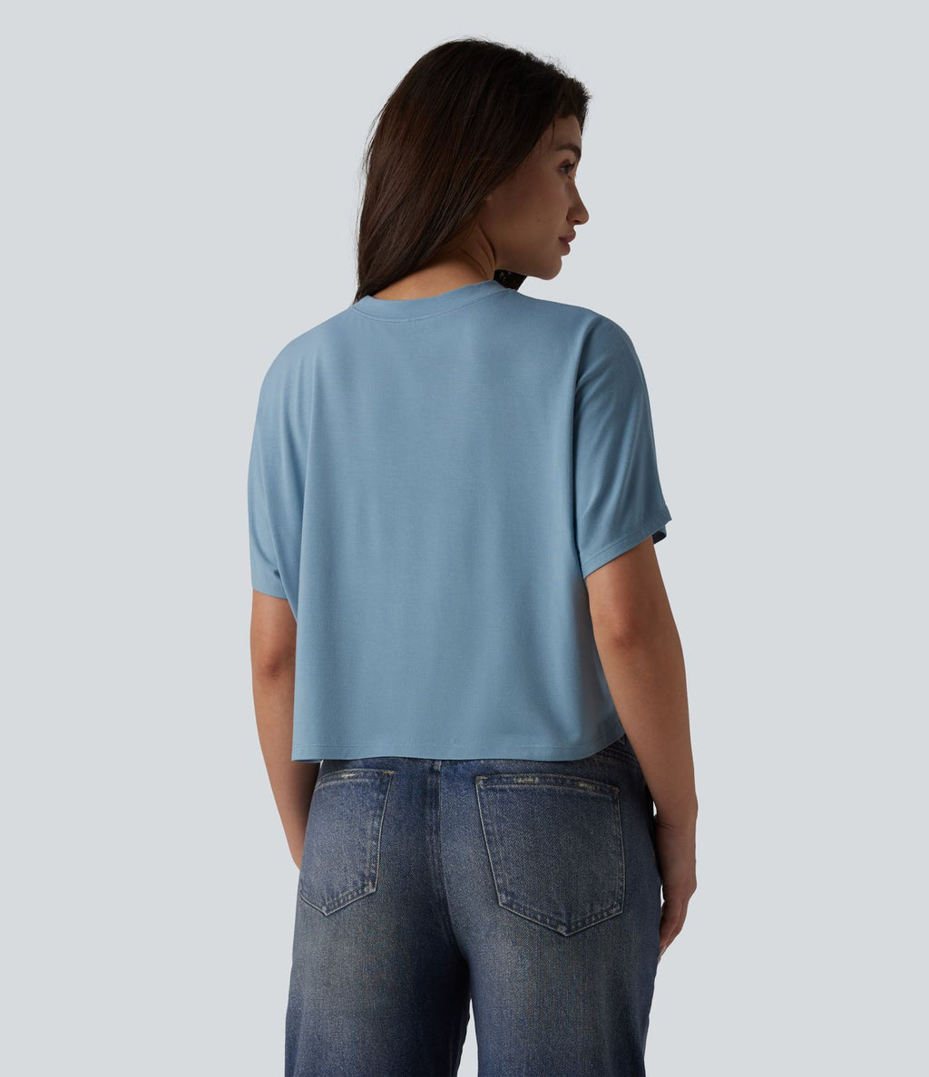 T-shirt décontracté col rond manches chauve-souris courtes