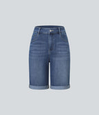 Bermuda décontracté en jean extensible délavé Halara Flex™ taille haute avec revers et multiples poches