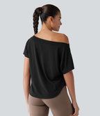 Haut de sport yoga asymétrique à une épaule manches courtes ourlet arrondi asymétrique séchage rapide