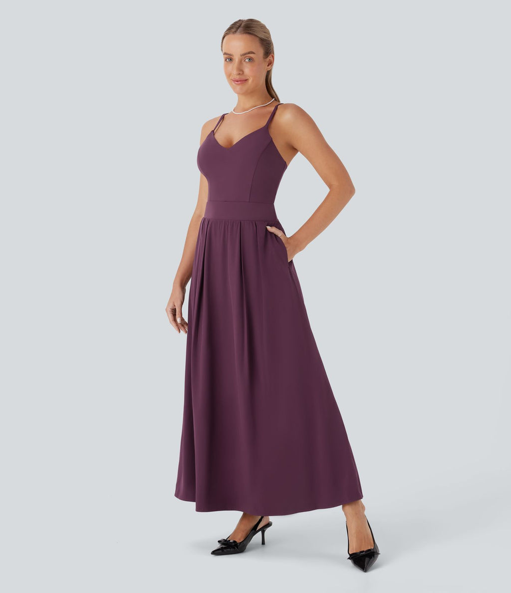 Robe longue fourreau Breezeful™ à dos nu, poches latérales, fluide et séchage rapide pour demoiselle d'honneur et invitée de mariage