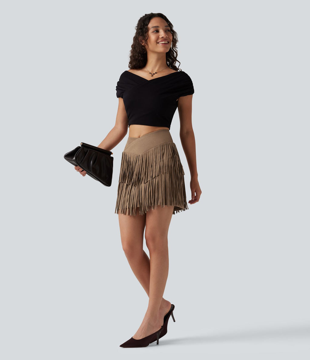 Jupe mini moulante 2-en-1 en daim pour soirée, ourlet à franges croisé, taille haute — version longue