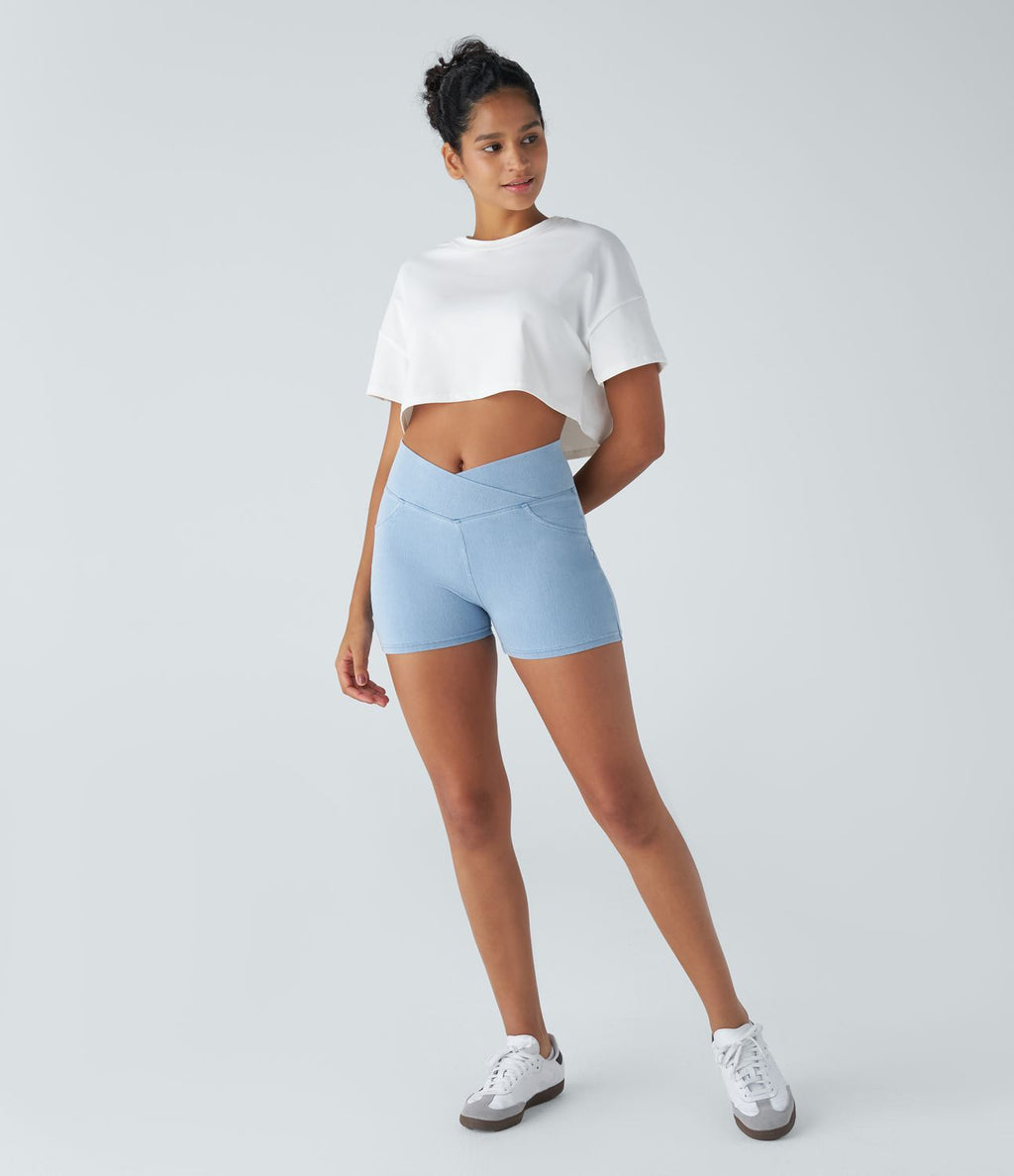 Halara Flex™  Shorts 7,5cm Denim Casual Taille Haute Poches Latérales Croisées en Maille Extensible