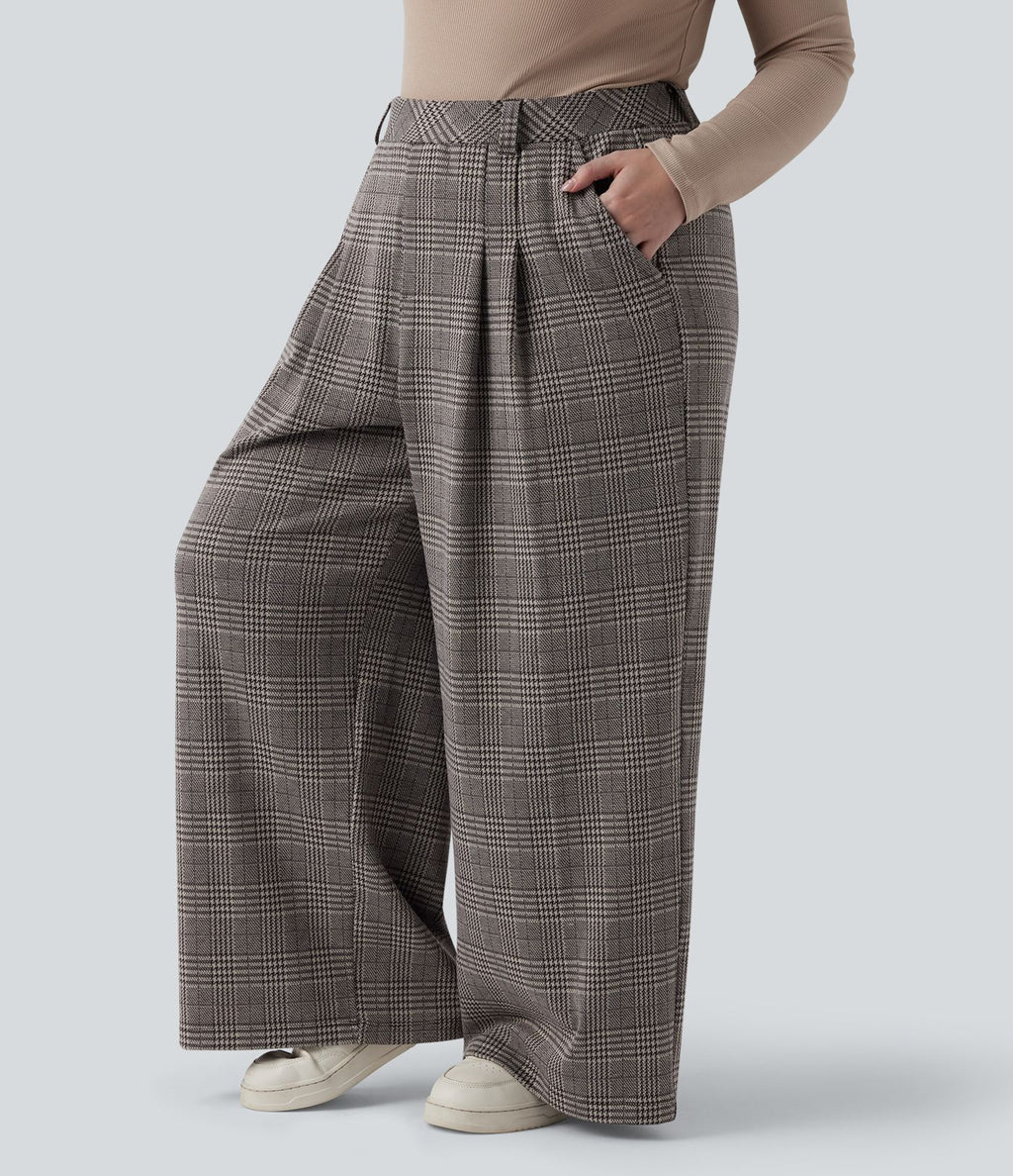 Pantalon décontracté grande taille large taille haute à carreaux pied-de-poule avec poches