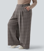 Pantalon décontracté grande taille large taille haute à carreaux pied-de-poule avec poches