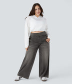 Halara Flex™ Jeans Larges Casual Taille Haute Multiples Poches Lavés Élastiques et Tricotés Grande Taille