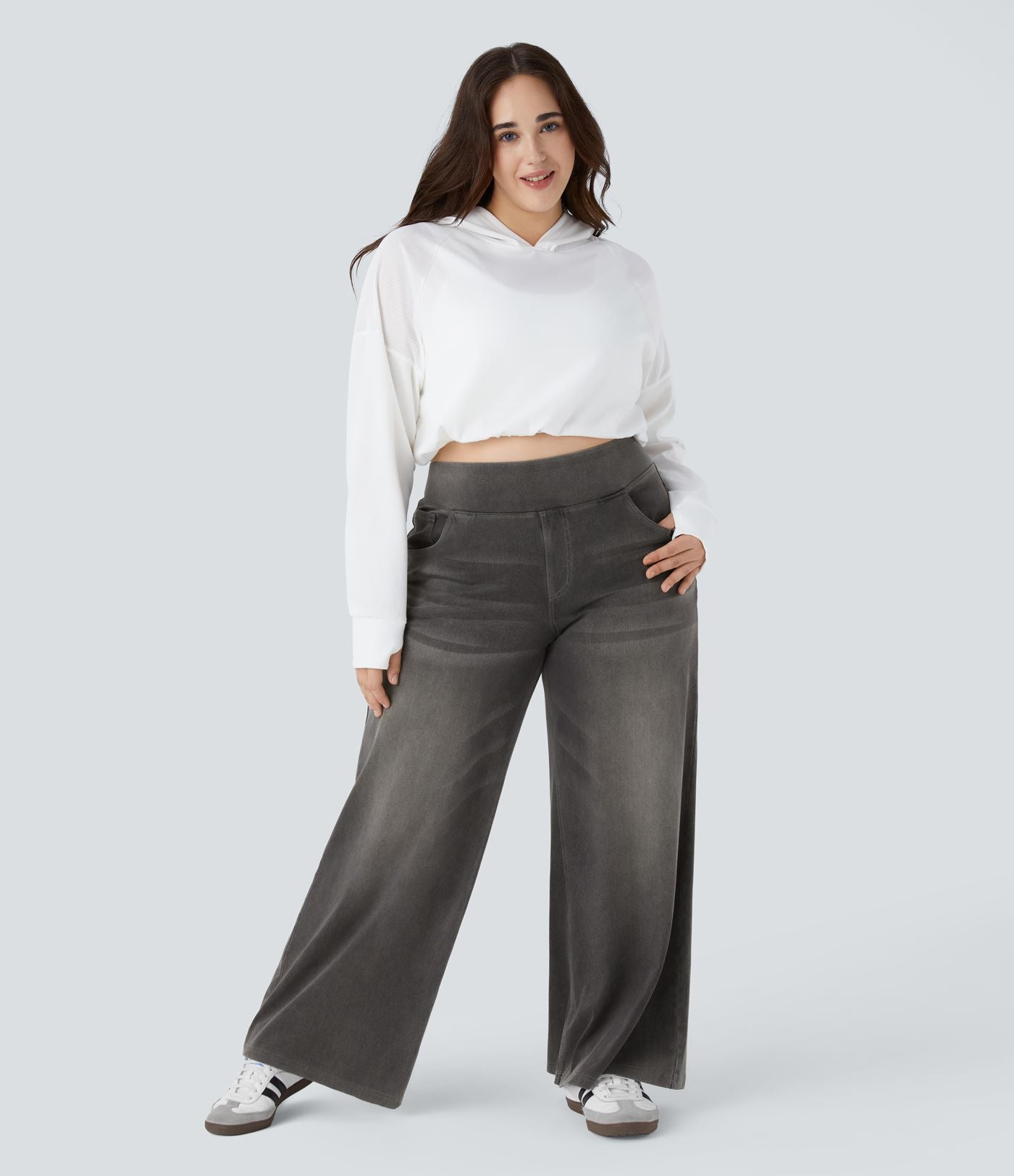 Halara Flex™ Jeans Larges Casual Taille Haute Multiples Poches Lavés Élastiques et Tricotés Grande Taille