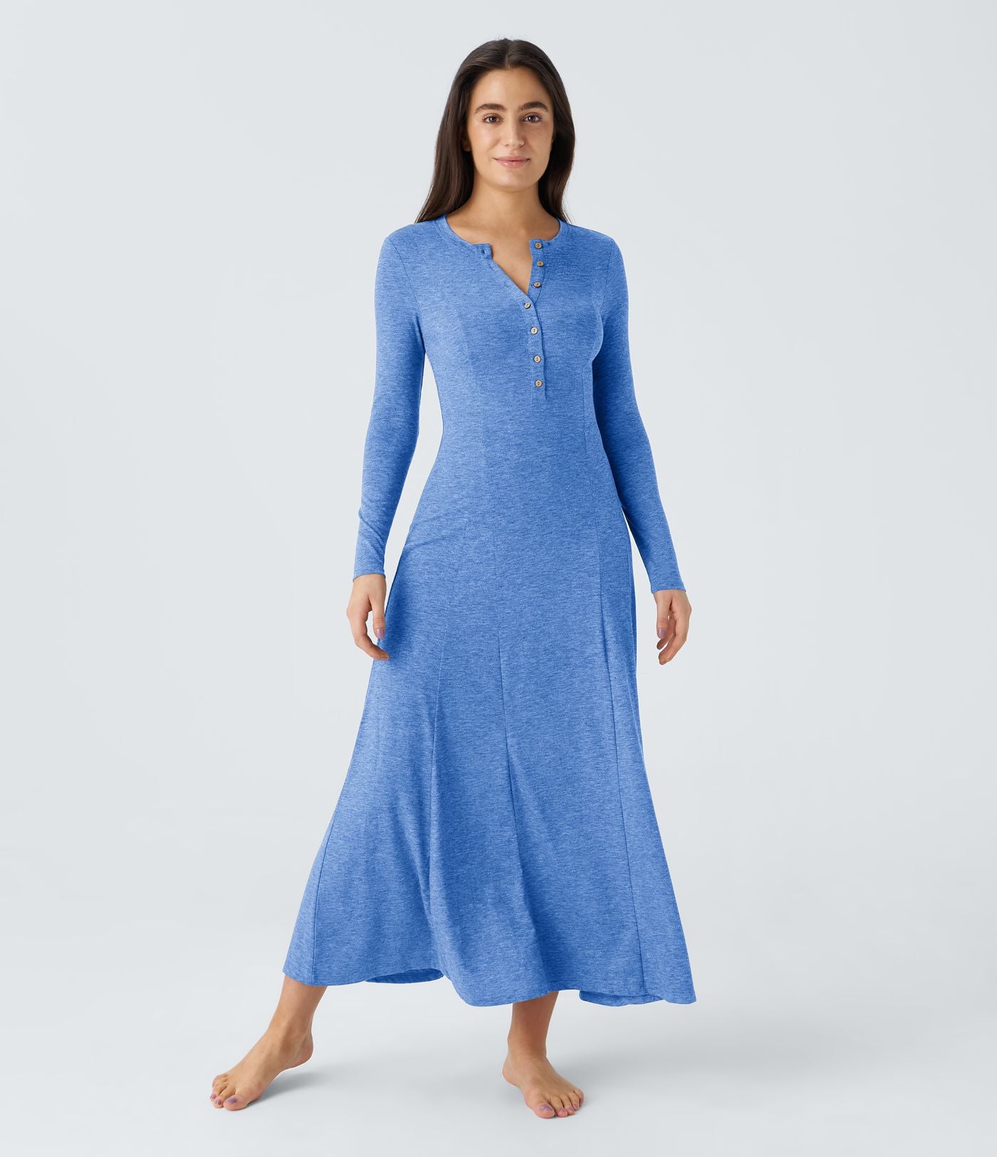 Robe de Casual Maxi Manches Longues Évasées et Boutons au Col Rond