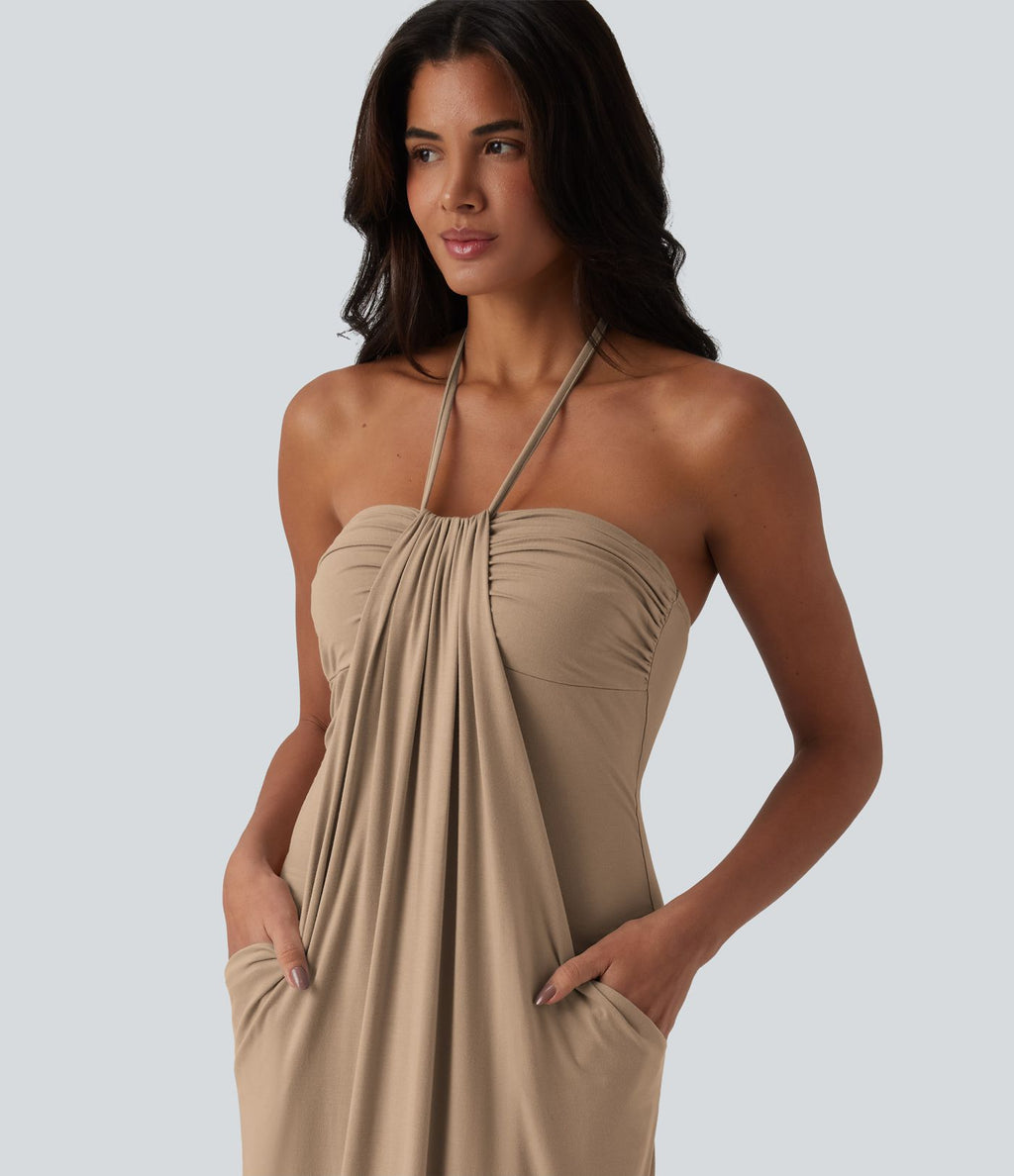 Robe longue dos nu col licou avec nœud et poches