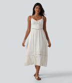 Robe nuisette midi aspect lin avec nœud devant, découpes et poches