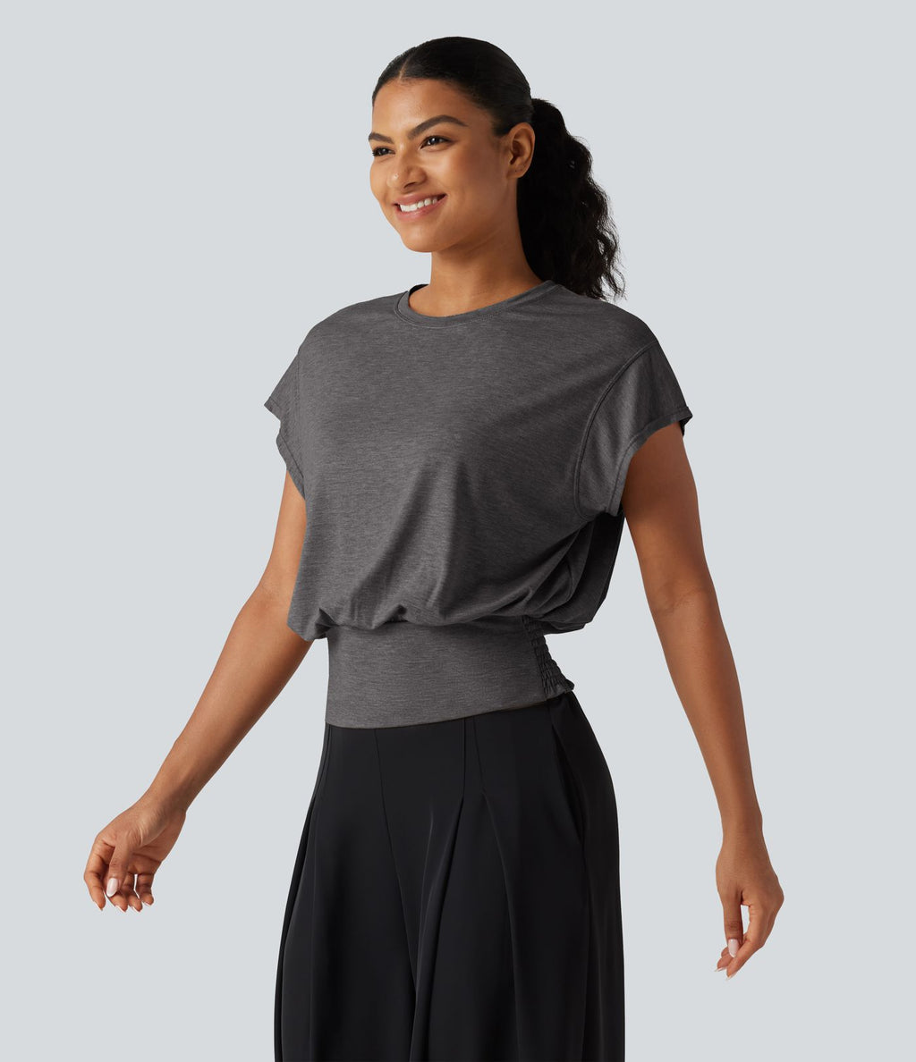 T-shirt froncé à encolure arrondie et manches courtes