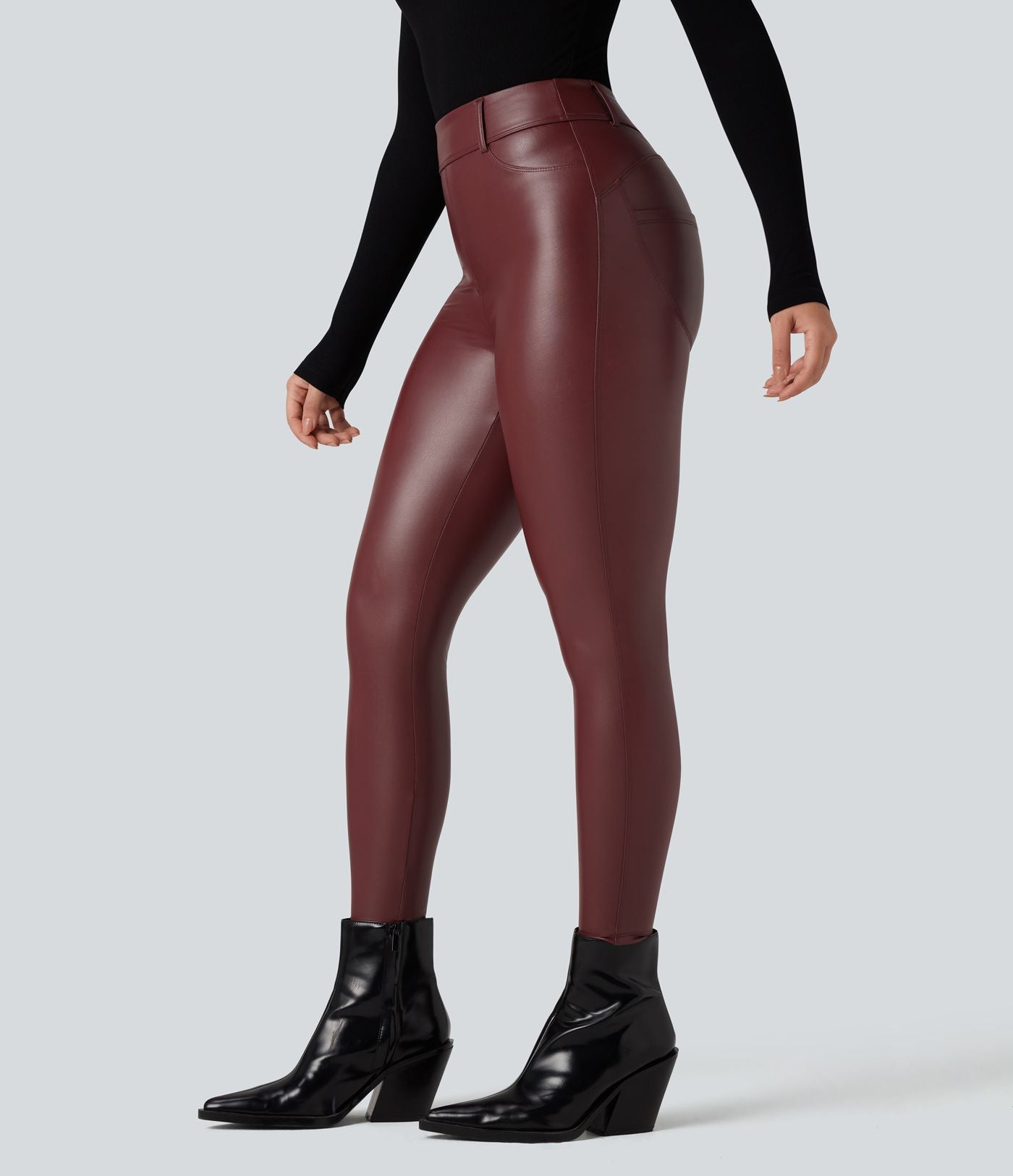 Pantalon polaire simili cuir extensible taille haute avec poches
