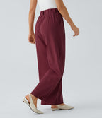Pantalon Fluide Large Taille Haute Poches Latérales Palazzo Solide Casual Linen-Feel