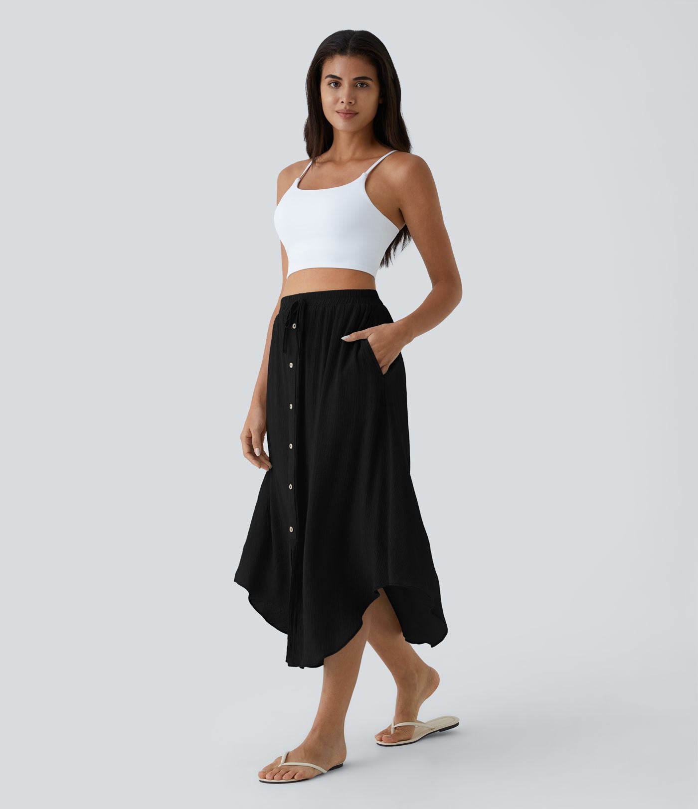 Jupe Midi Fluide Taille Haute Cordon de Serrage Boutonnés Poches Latérales