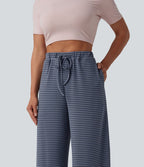 Pantalon large décontracté à rayures et taille haute avec cordon de serrage et poches
