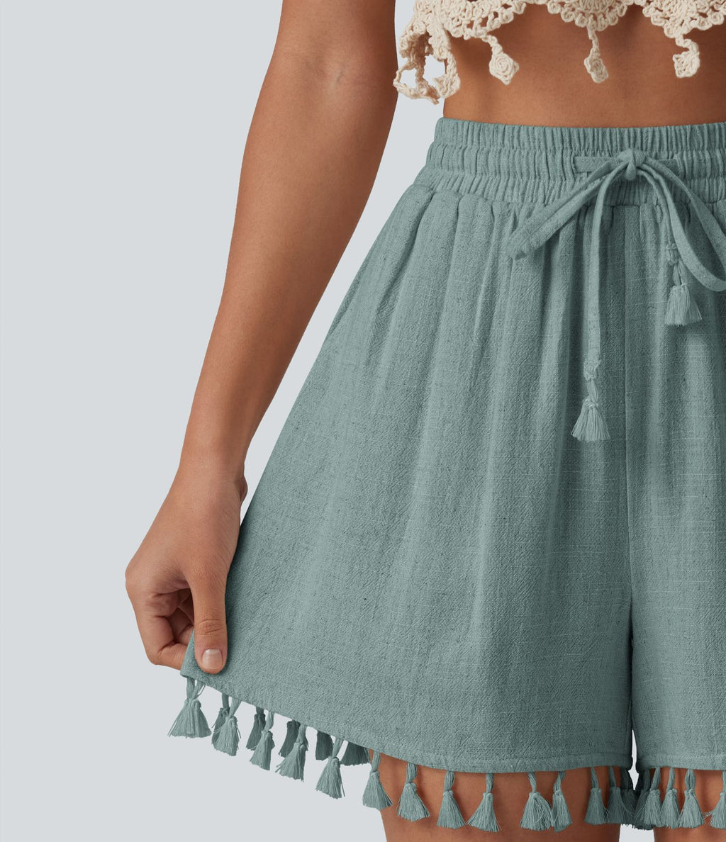Short ample de vacances en mélange de lin taille haute avec cordon de serrage et ourlet à franges à poches