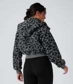 Veste sherpa imprimée léopard capuche amovible avec poches