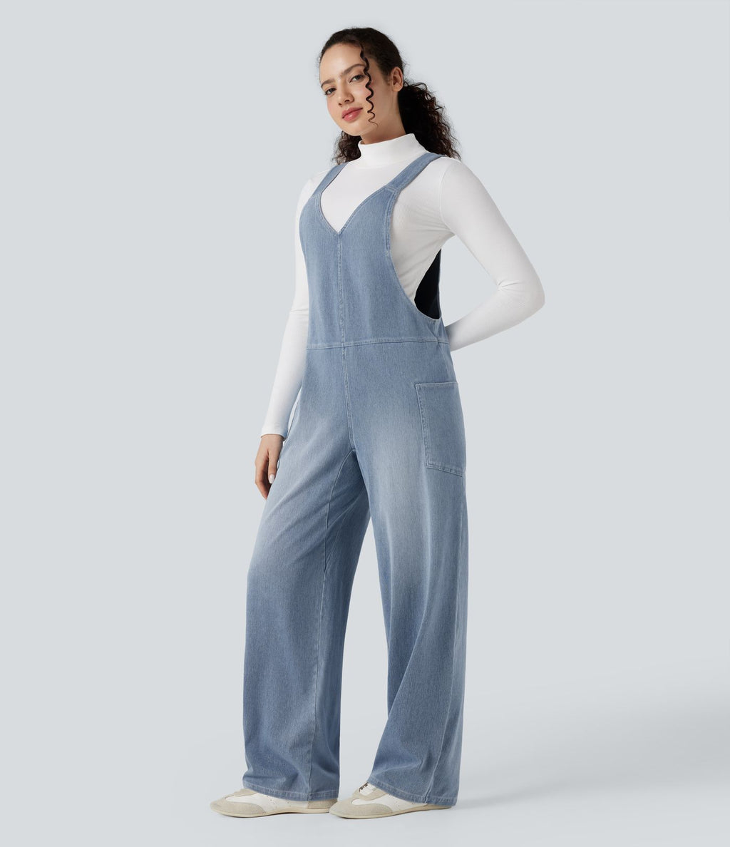 Salopette décontractée Halara Flex™ en denim extensible délavé, col V et poches latérales