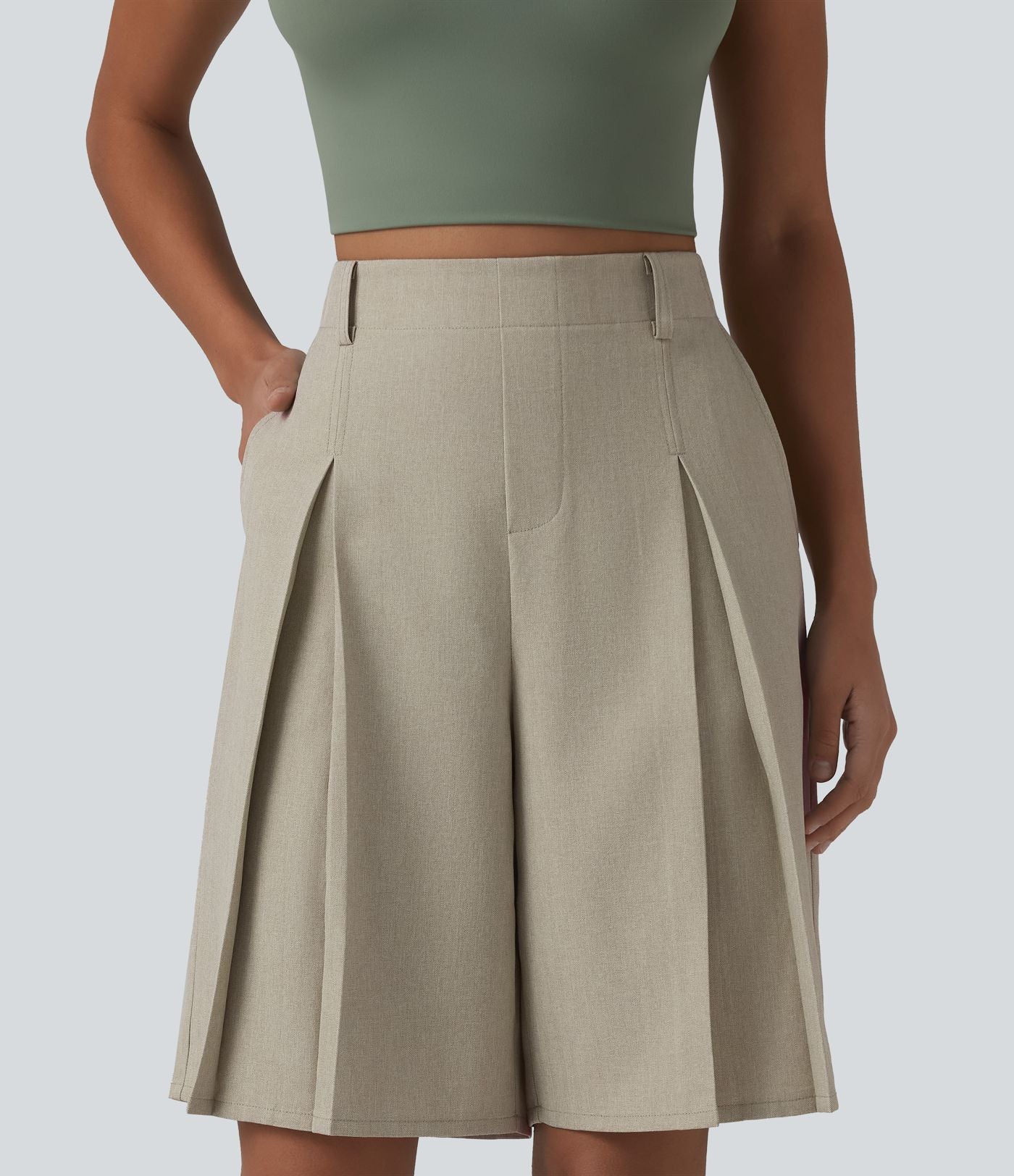 Bermuda ample infroissable taille haute plissé aspect lin avec fermeture éclair invisible et poches
