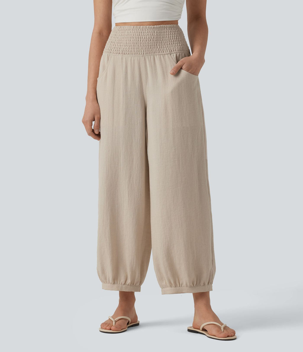 Pantalon casual bouffant aspect lin avec fronces taille haute et poches