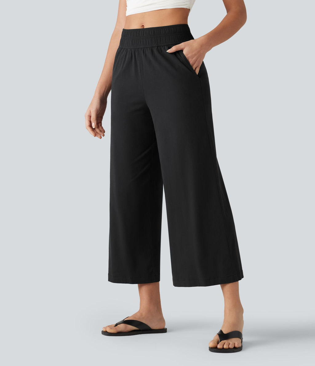 Pantalon large fluide 7/8 taille mi-haute en lin extensible avec poches