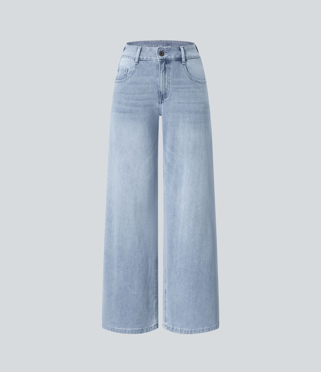 Halara Flex™ Jean Large Casual Taille Basse avec Boutons Zip Multiples Poches Lavés Élastiques et Tricotés