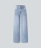 Halara Flex™ Jean Large Casual Taille Basse avec Boutons Zip Multiples Poches Lavés Élastiques et Tricotés