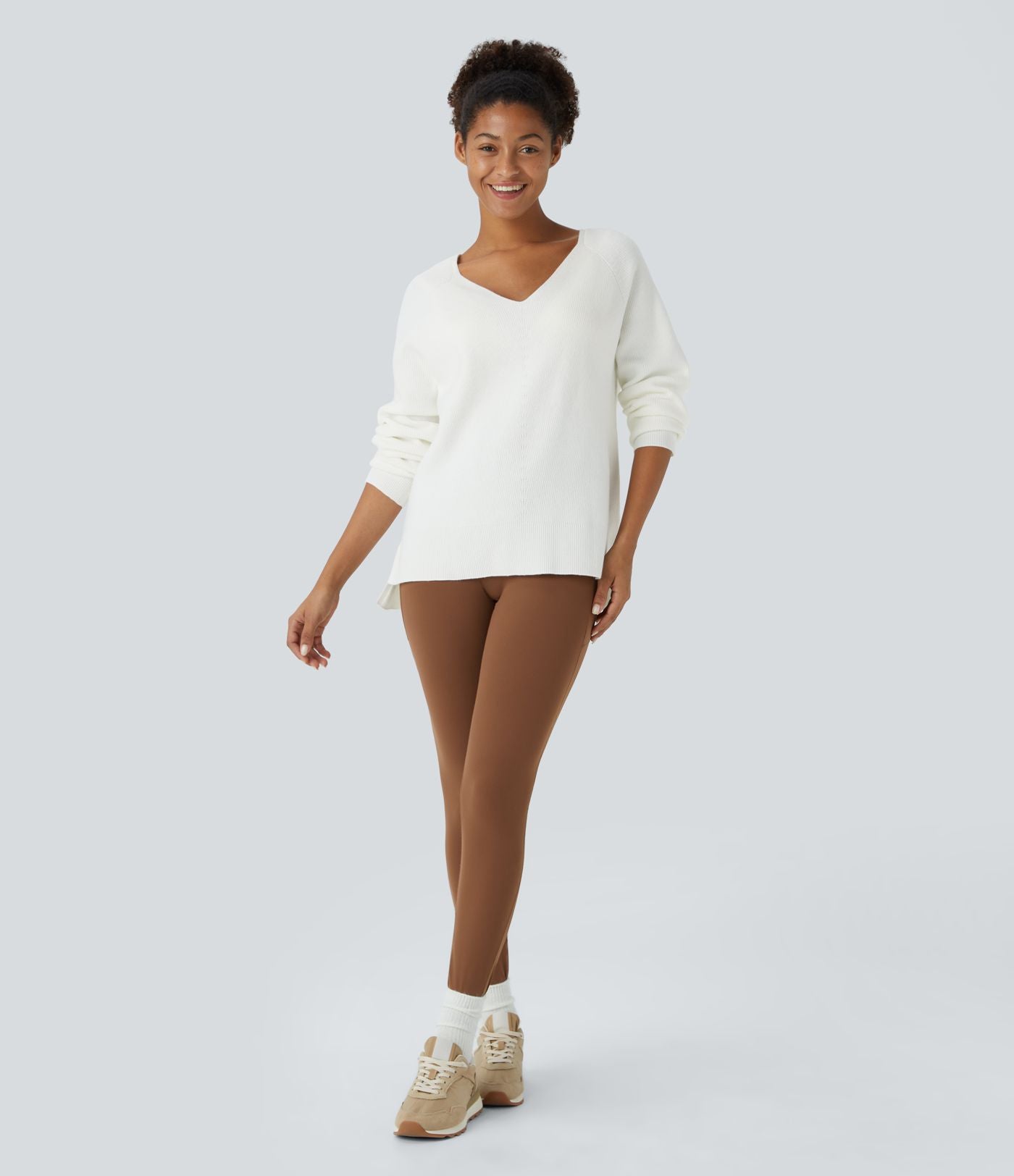 Pull décontracté fendu à col en V et manches longues