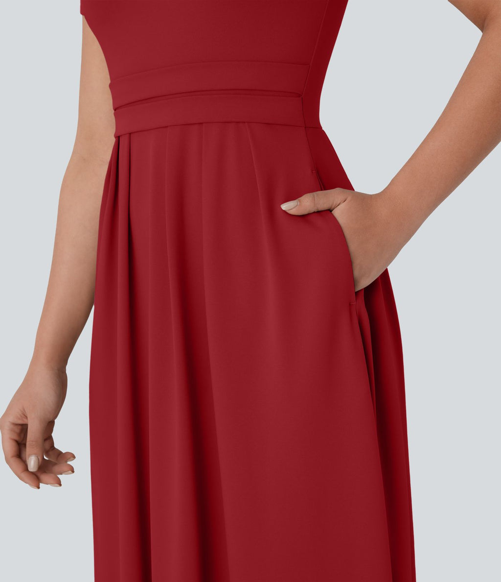 Robe longue décontractée à col montant, manches courtes et poches latérales