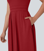 Robe longue décontractée à col montant, manches courtes et poches latérales