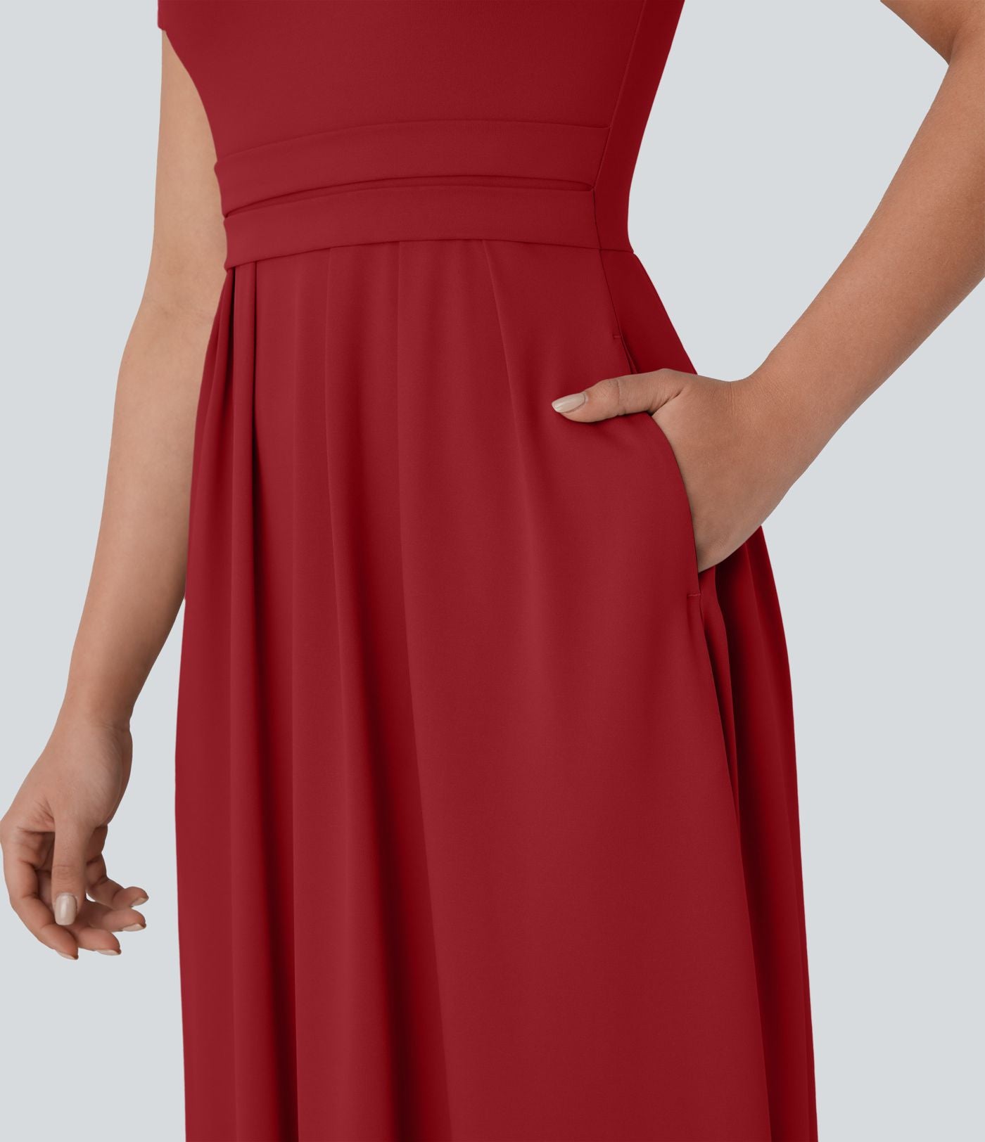 Robe longue décontractée à col montant, manches courtes et poches latérales