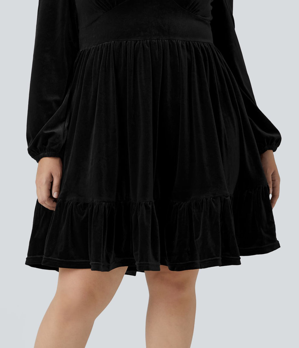 Quotidien de Robe Velours Mini Grande Taille avec Décolleté Profond en V et Ourlet à Volants