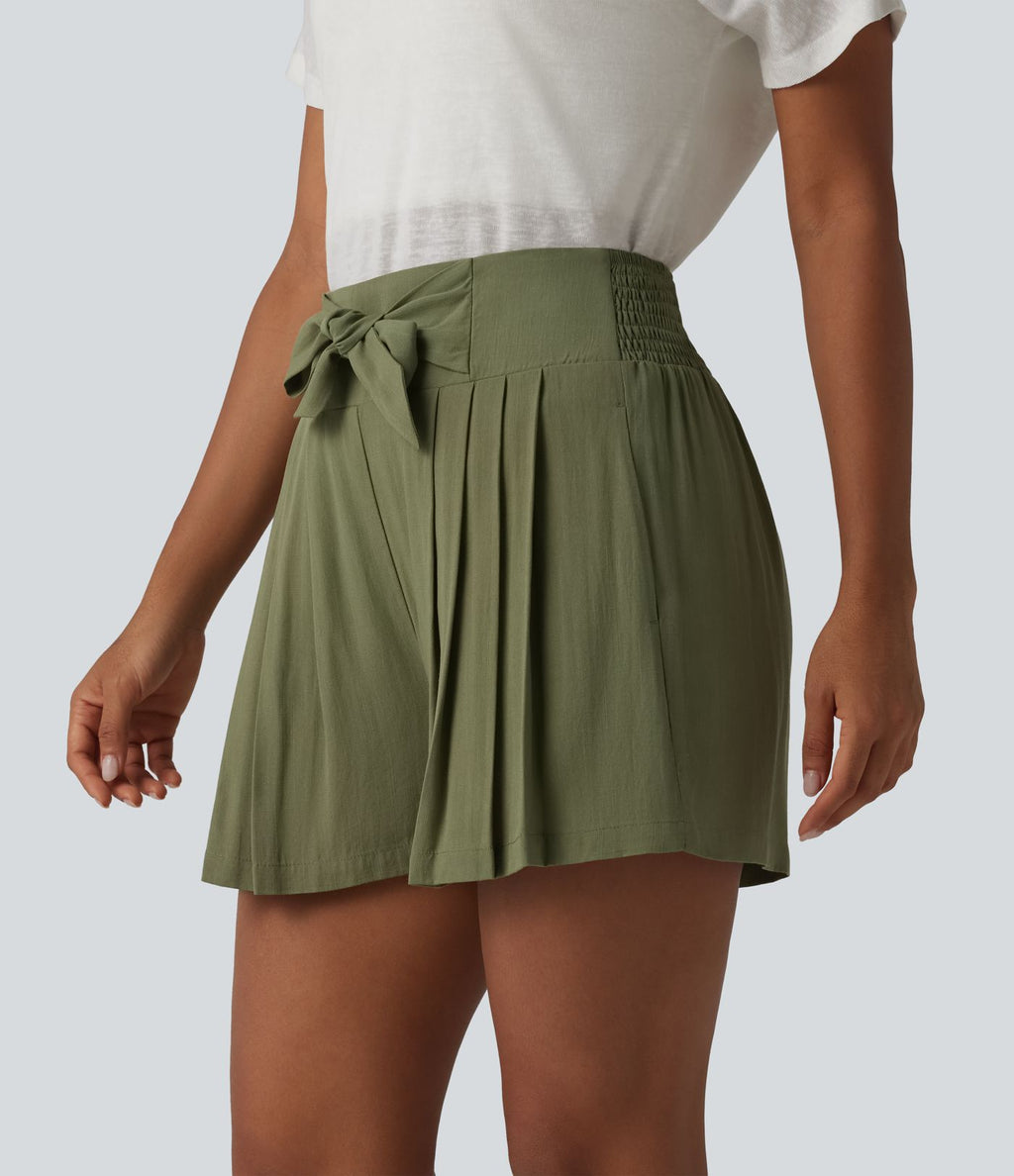 Short casual taille haute à nœud frontal froncé plissé effet lin avec poches