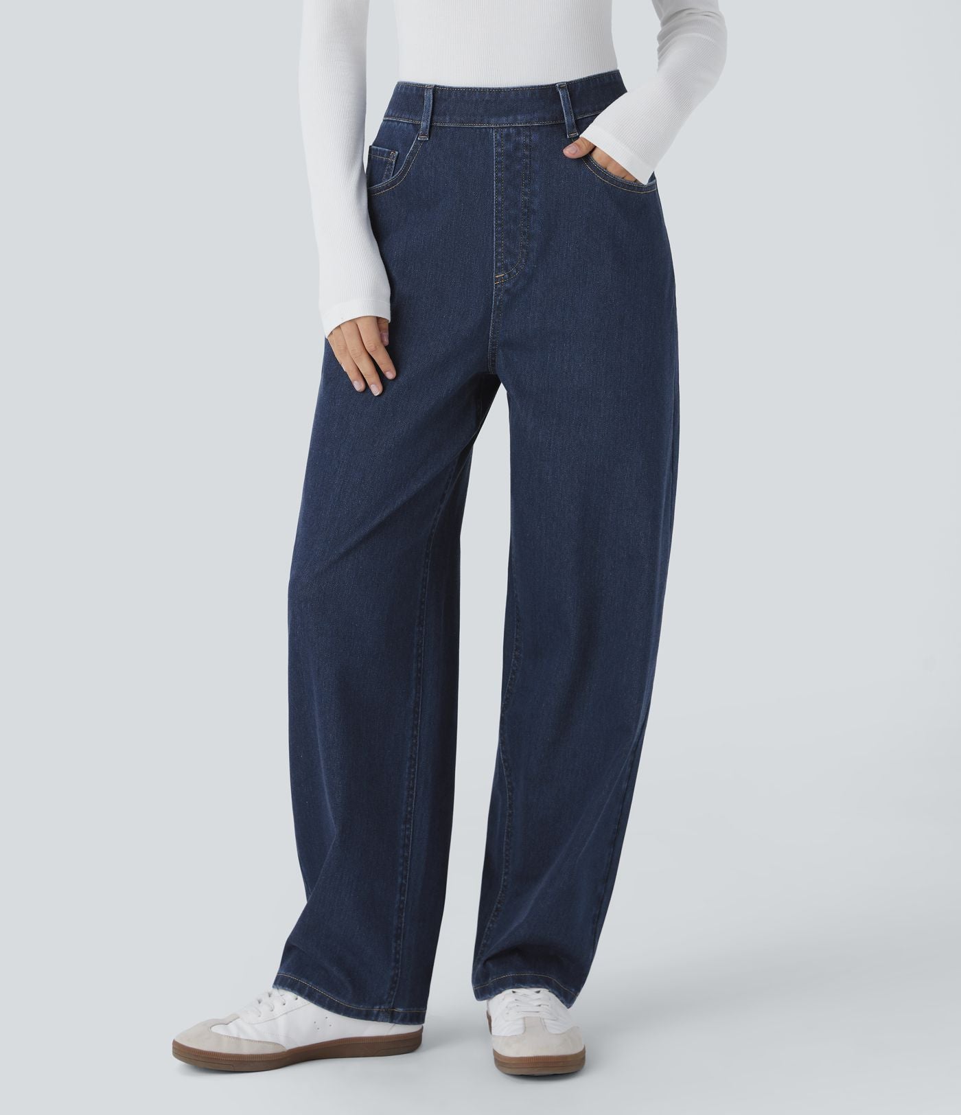 Jean ample délavé taille haute en maille extensible avec poches multiples