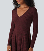 Robe décontractée mini évasée maille côtelée col V manches longues